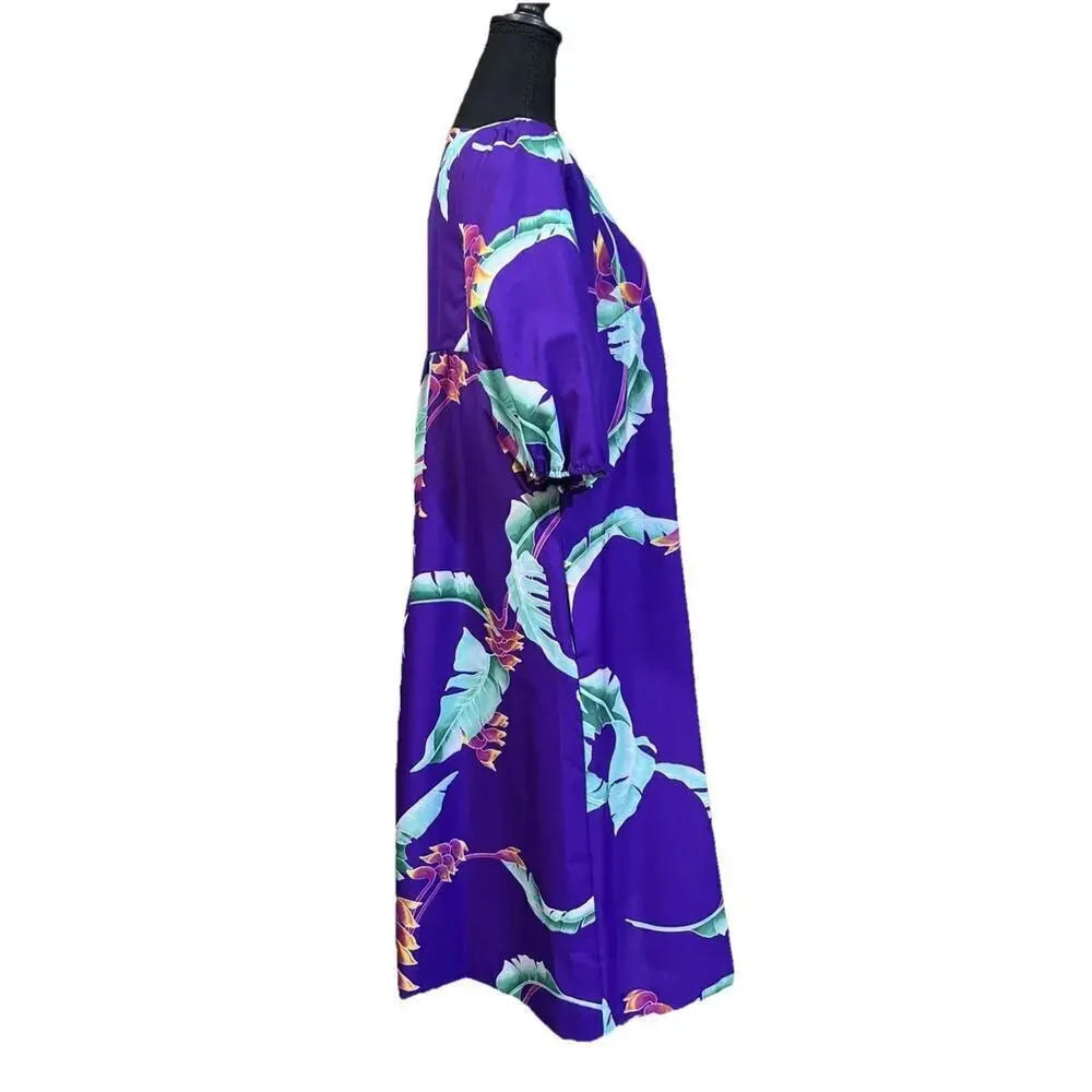 Vtg Hilo Hattie Hawaiian Tropical Floral Mumu Puff Sleeve Midi Dress Purple M - Picture 8 of 10